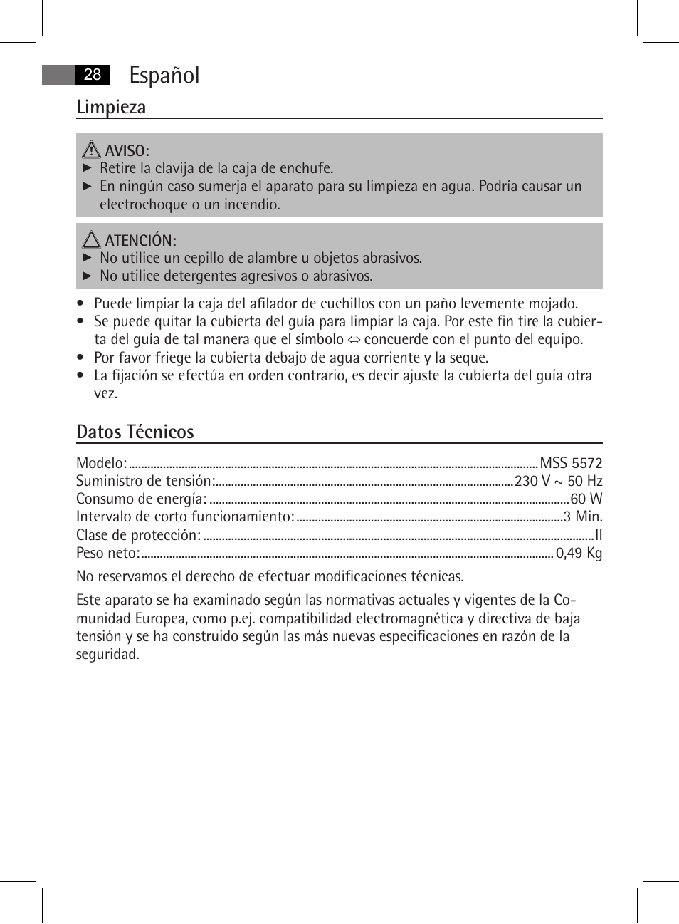 Español, Limpieza, Datos técnicos | AEG MSS 5572 User Manual | Page 28 / 74