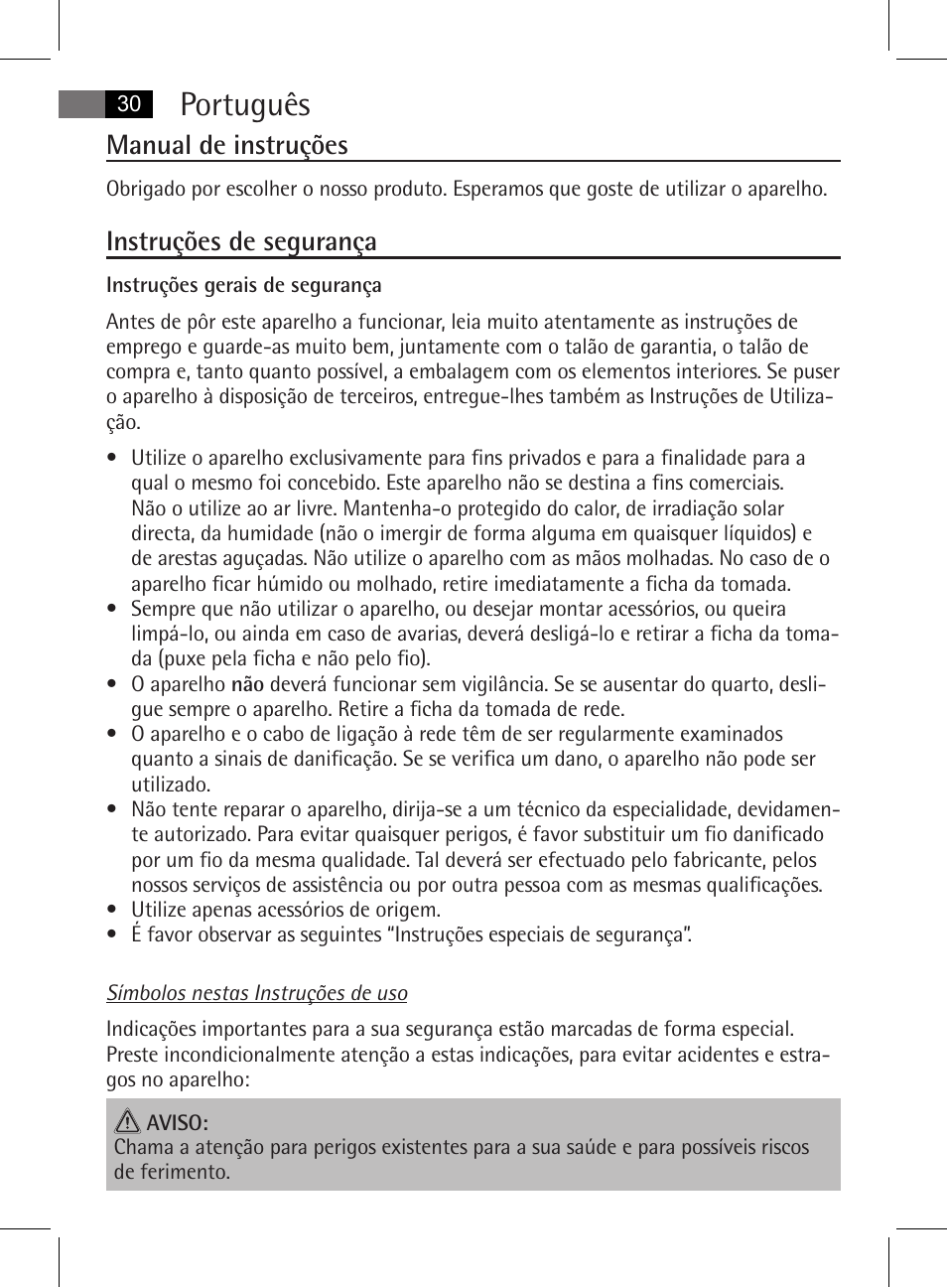 Português, Manual de instruções, Instruções de segurança | AEG MSS 5572 User Manual | Page 30 / 74