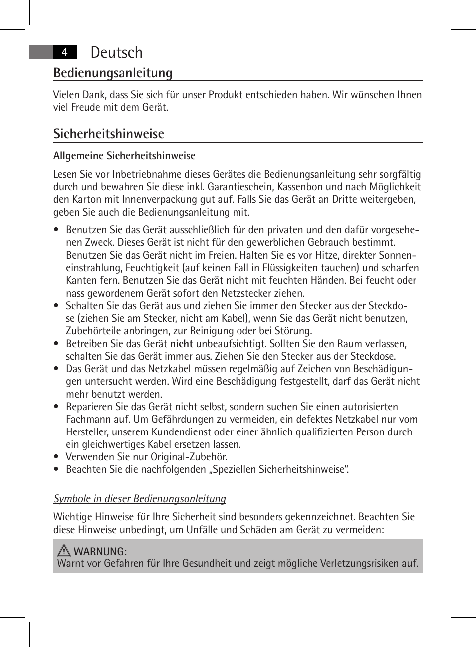 Deutsch, Bedienungsanleitung, Sicherheitshinweise | AEG MSS 5572 User Manual | Page 4 / 74