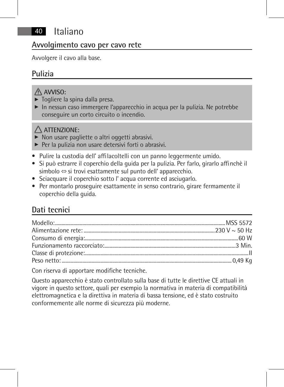 Italiano, Avvolgimento cavo per cavo rete, Pulizia | Dati tecnici | AEG MSS 5572 User Manual | Page 40 / 74
