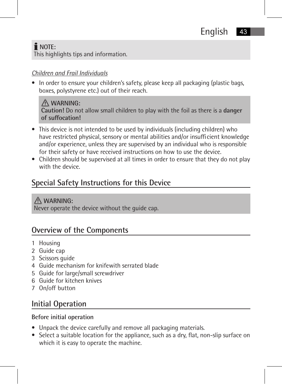 English, Special safety instructions for this device, Overview of the components | Initial operation | AEG MSS 5572 User Manual | Page 43 / 74