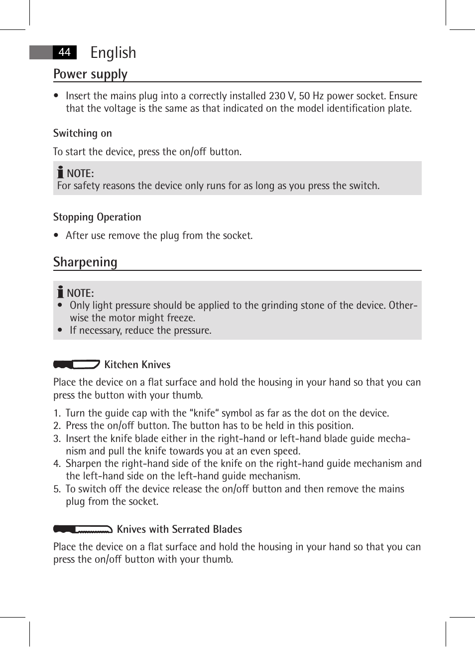 English, Power supply, Sharpening | AEG MSS 5572 User Manual | Page 44 / 74
