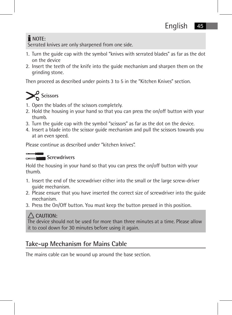 English, Take-up mechanism for mains cable | AEG MSS 5572 User Manual | Page 45 / 74