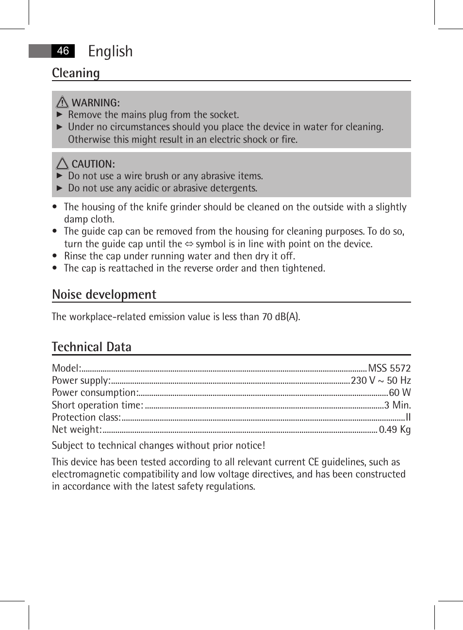 English, Cleaning, Noise development | Technical data | AEG MSS 5572 User Manual | Page 46 / 74