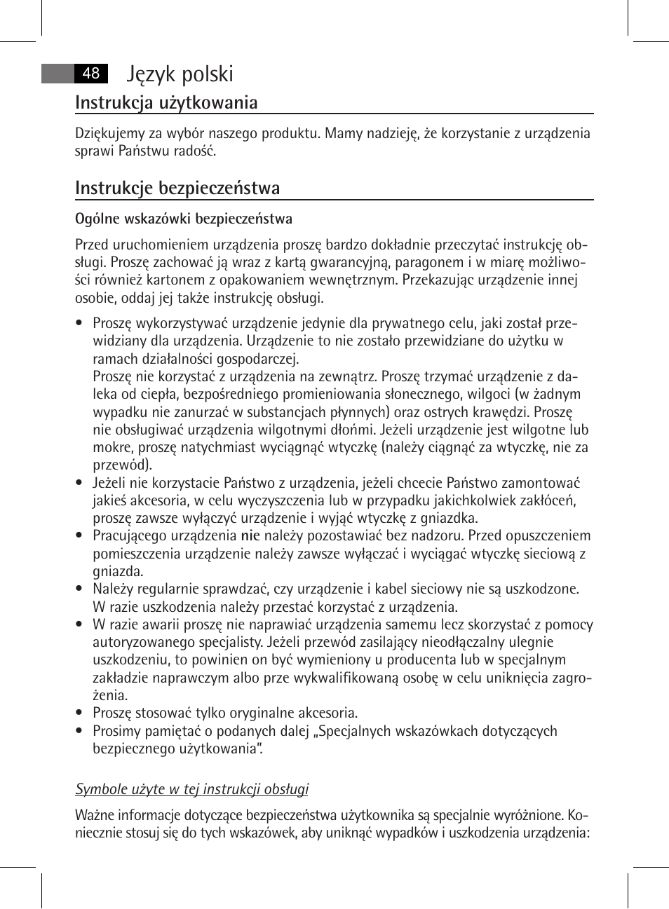 Język polski, Instrukcja użytkowania, Instrukcje bezpieczeństwa | AEG MSS 5572 User Manual | Page 48 / 74
