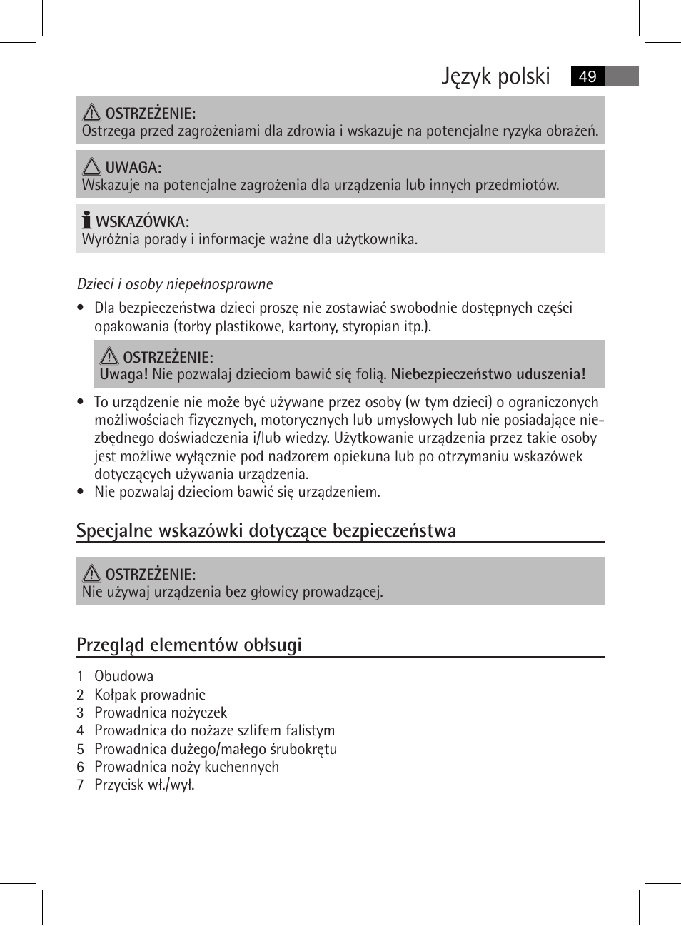 Język polski, Specjalne wskazówki dotyczące bezpieczeństwa, Przegląd elementów obłsugi | AEG MSS 5572 User Manual | Page 49 / 74
