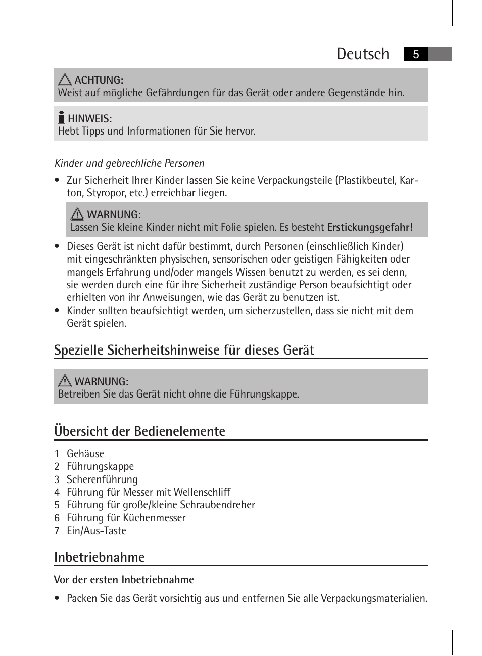 Deutsch, Spezielle sicherheitshinweise für dieses gerät, Übersicht der bedienelemente | Inbetriebnahme | AEG MSS 5572 User Manual | Page 5 / 74