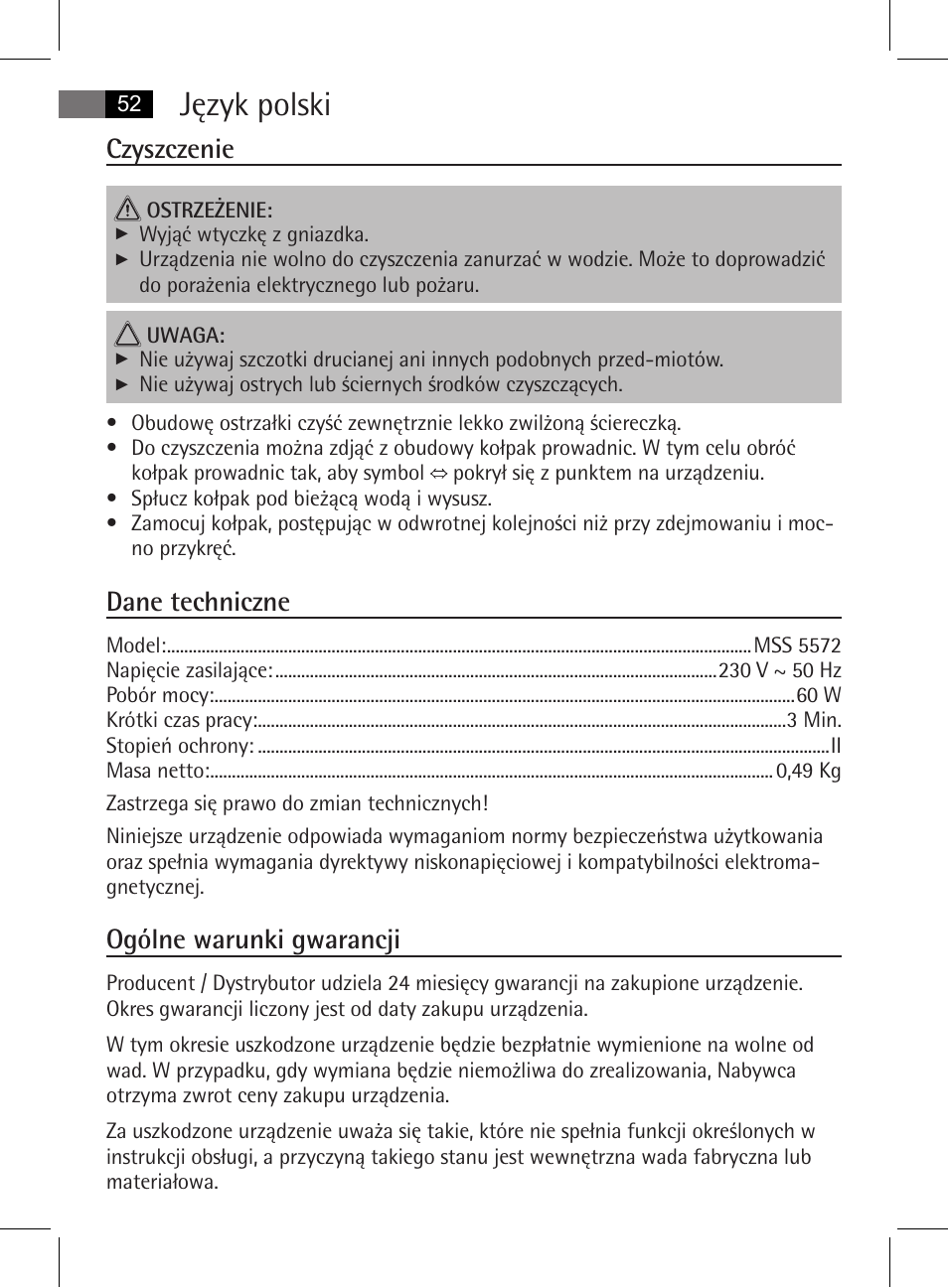 Język polski, Czyszczenie, Dane techniczne | Ogólne warunki gwarancji | AEG MSS 5572 User Manual | Page 52 / 74