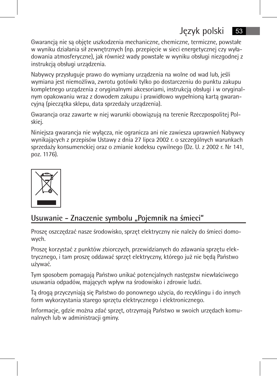 Język polski, Usuwanie - znaczenie symbolu „pojemnik na śmieci | AEG MSS 5572 User Manual | Page 53 / 74