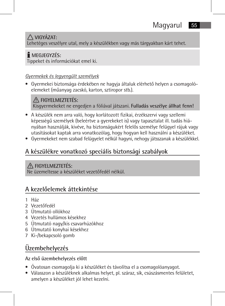 Magyarul, A kezelőelemek áttekintése, Üzembehelyezés | AEG MSS 5572 User Manual | Page 55 / 74