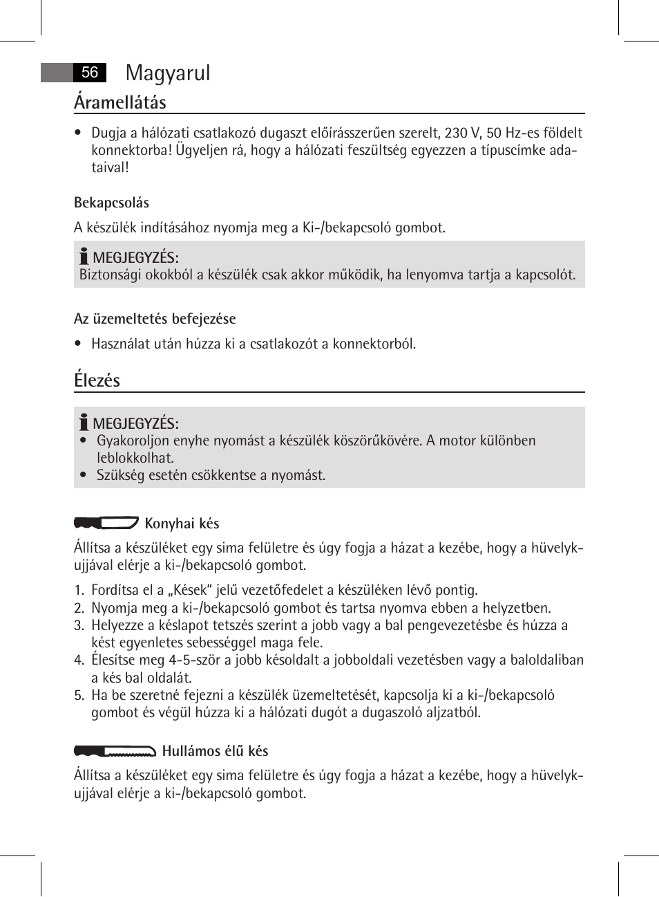 Magyarul, Áramellátás, Élezés | AEG MSS 5572 User Manual | Page 56 / 74