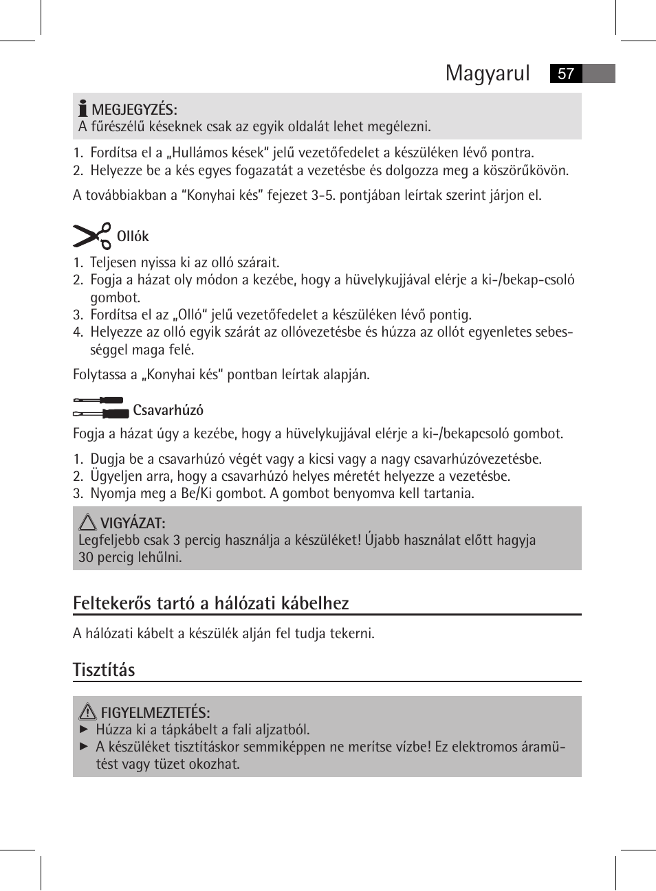 Magyarul, Feltekerős tartó a hálózati kábelhez, Tisztítás | AEG MSS 5572 User Manual | Page 57 / 74