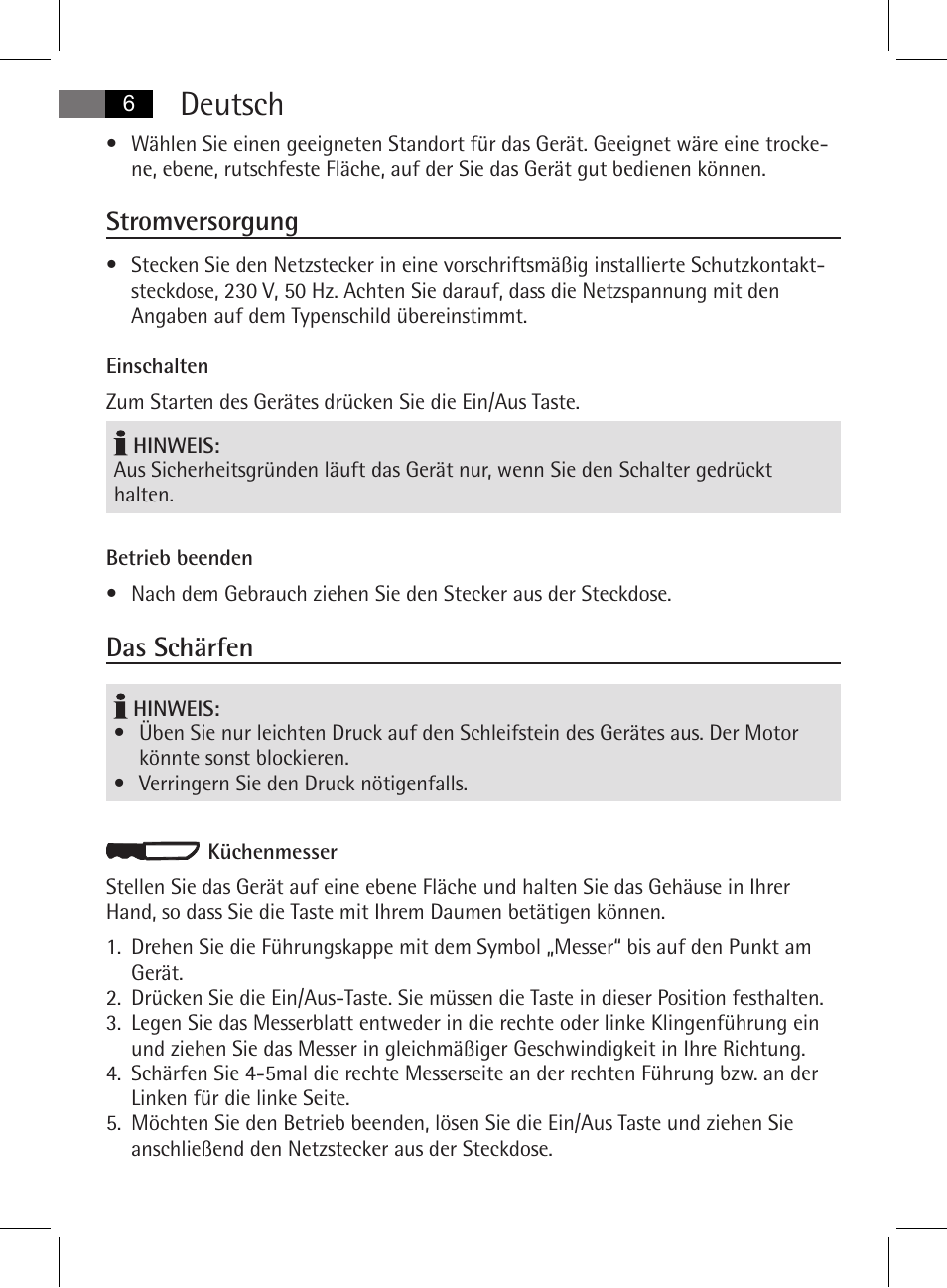 Deutsch, Stromversorgung, Das schärfen | AEG MSS 5572 User Manual | Page 6 / 74