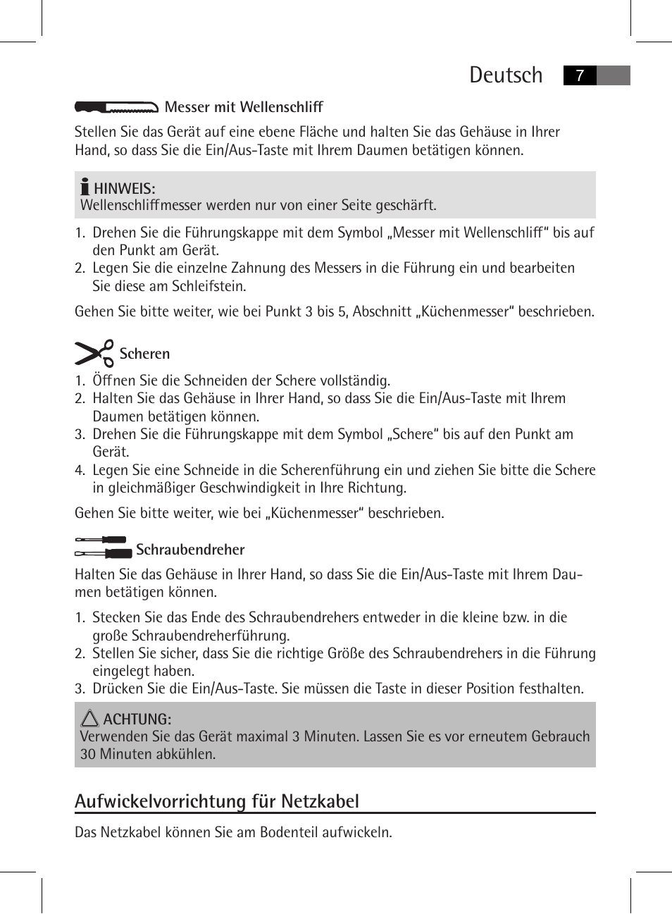 Deutsch, Aufwickelvorrichtung für netzkabel | AEG MSS 5572 User Manual | Page 7 / 74