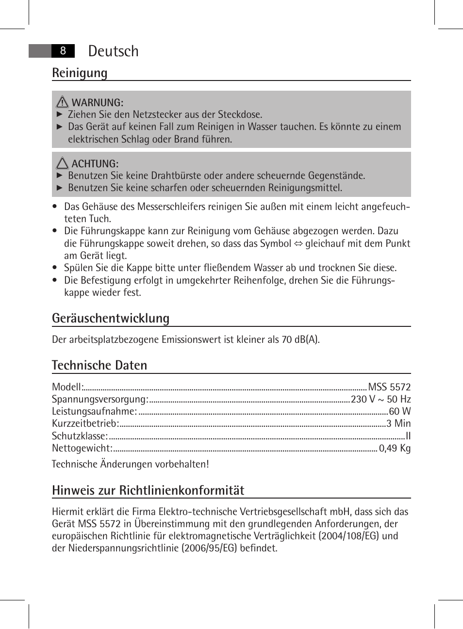 Deutsch, Reinigung, Geräuschentwicklung | Technische daten, Hinweis zur richtlinienkonformität | AEG MSS 5572 User Manual | Page 8 / 74
