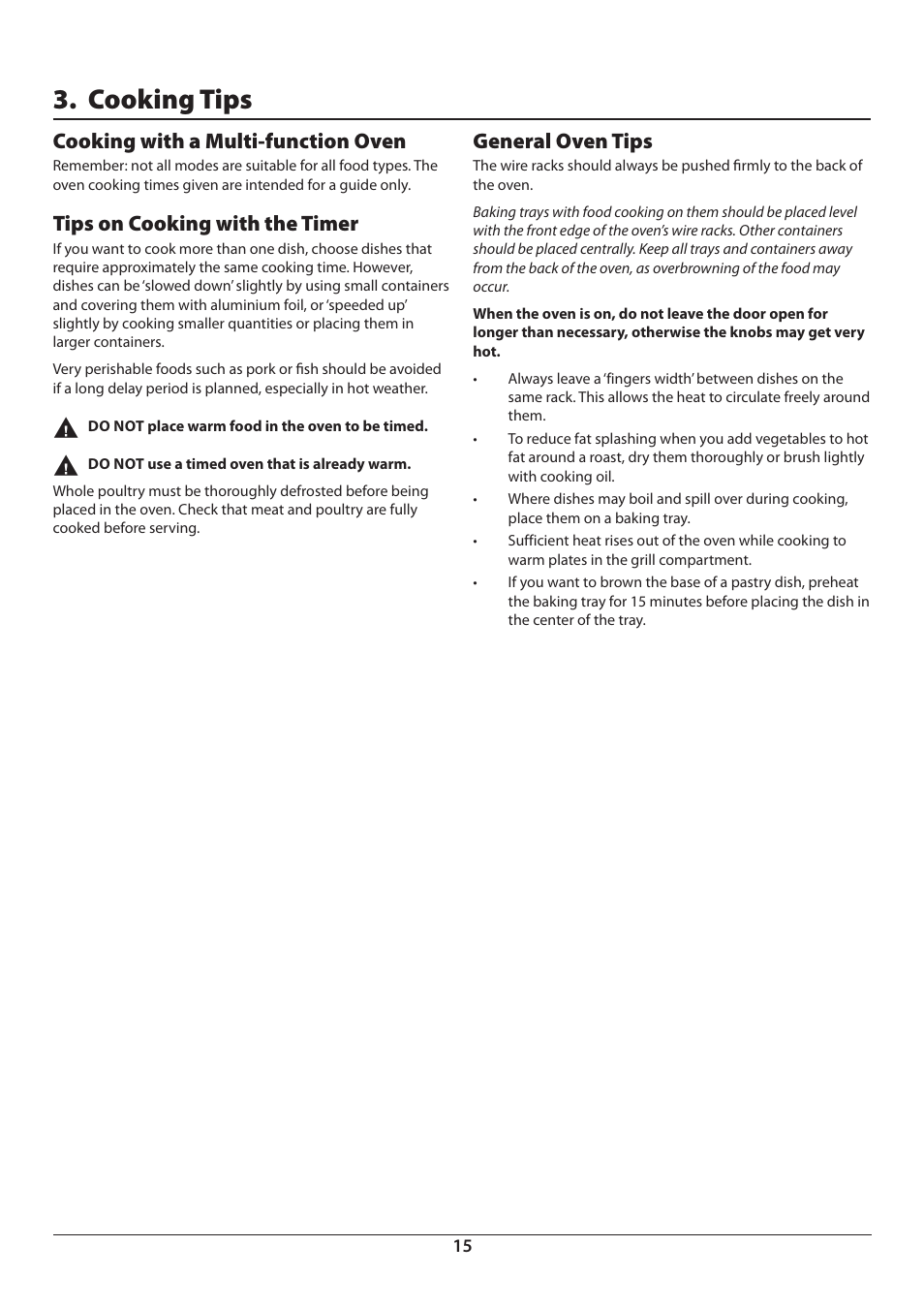 Cooking tips, Cooking with a multi-function oven, Tips on cooking with the timer | General oven tips | Aga Ranges DUAL FUEL U110054 - 03A User Manual | Page 17 / 48