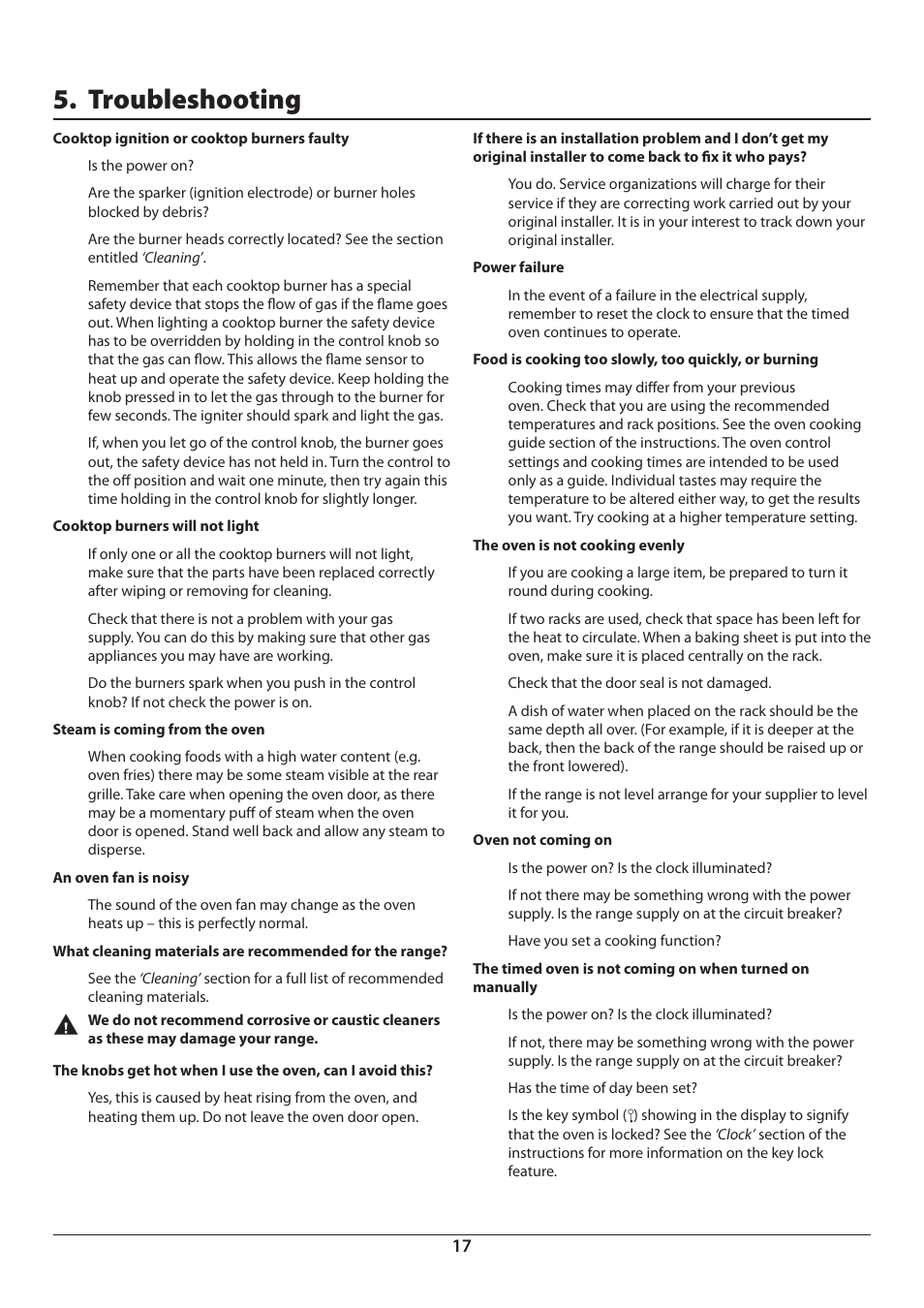 Troubleshooting | Aga Ranges DUAL FUEL U110054 - 03A User Manual | Page 19 / 48