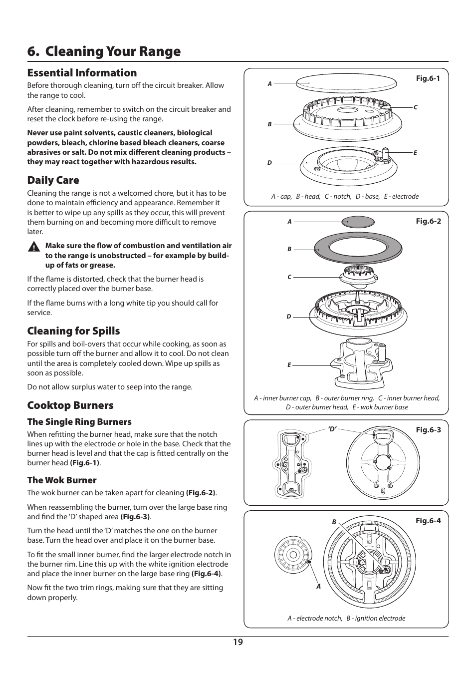 Cleaning your range, Essential information, Daily care | Cleaning for spills, Cooktop burners | Aga Ranges DUAL FUEL U110054 - 03A User Manual | Page 21 / 48