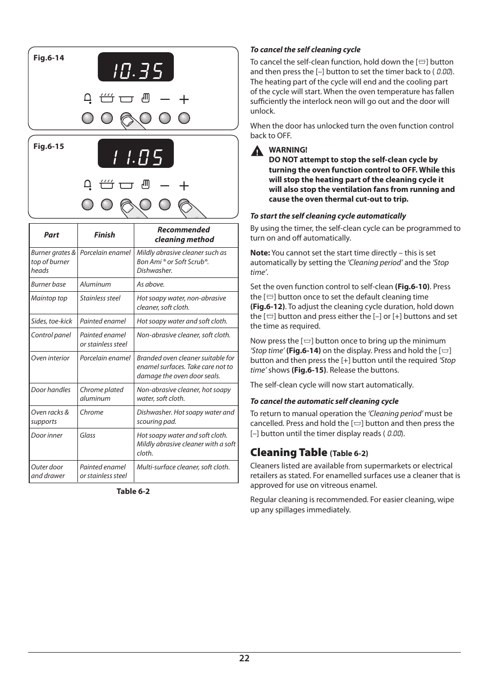 Cleaning table | Aga Ranges DUAL FUEL U110054 - 03A User Manual | Page 24 / 48