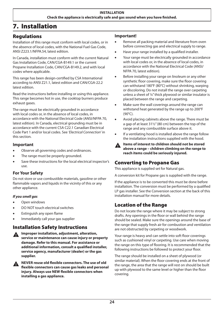 Installation, Regulations, Installation safety instructions | Converting to propane gas, Location of the range | Aga Ranges DUAL FUEL U110054 - 03A User Manual | Page 26 / 48