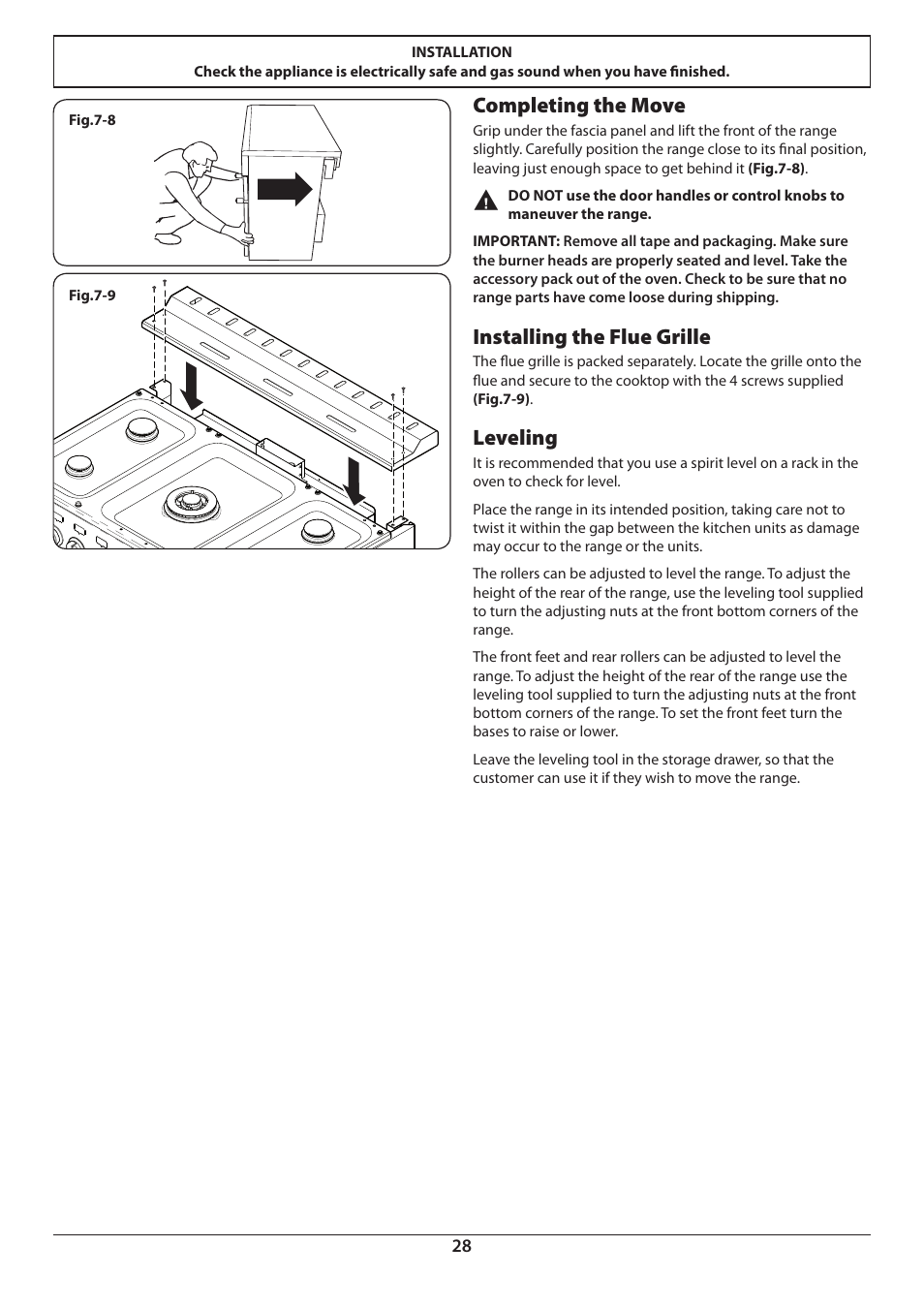 Completing the move, Installing the flue grille, Leveling | Aga Ranges DUAL FUEL U110054 - 03A User Manual | Page 30 / 48