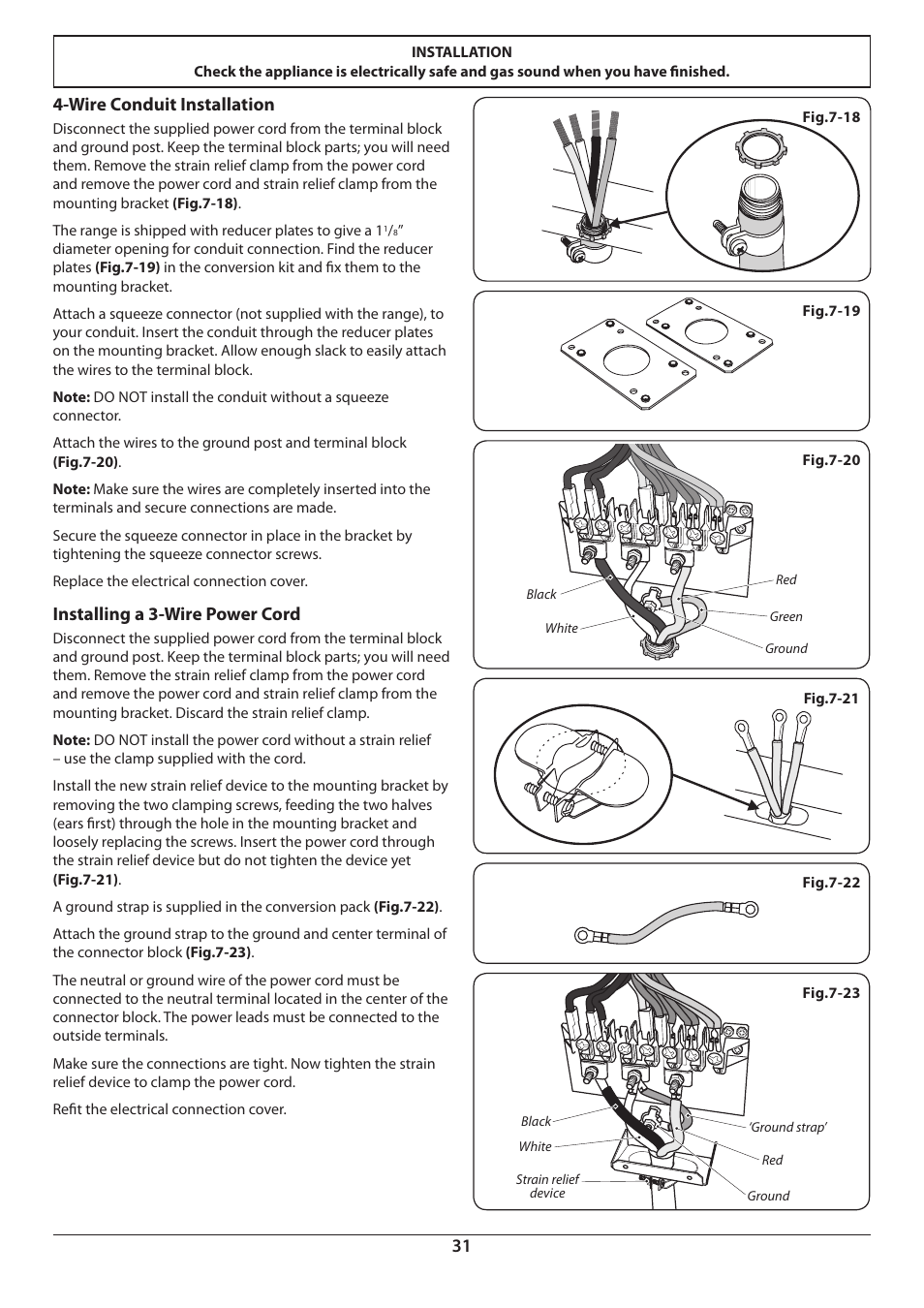 Wire conduit installation, Installing a 3-wire power cord | Aga Ranges DUAL FUEL U110054 - 03A User Manual | Page 33 / 48