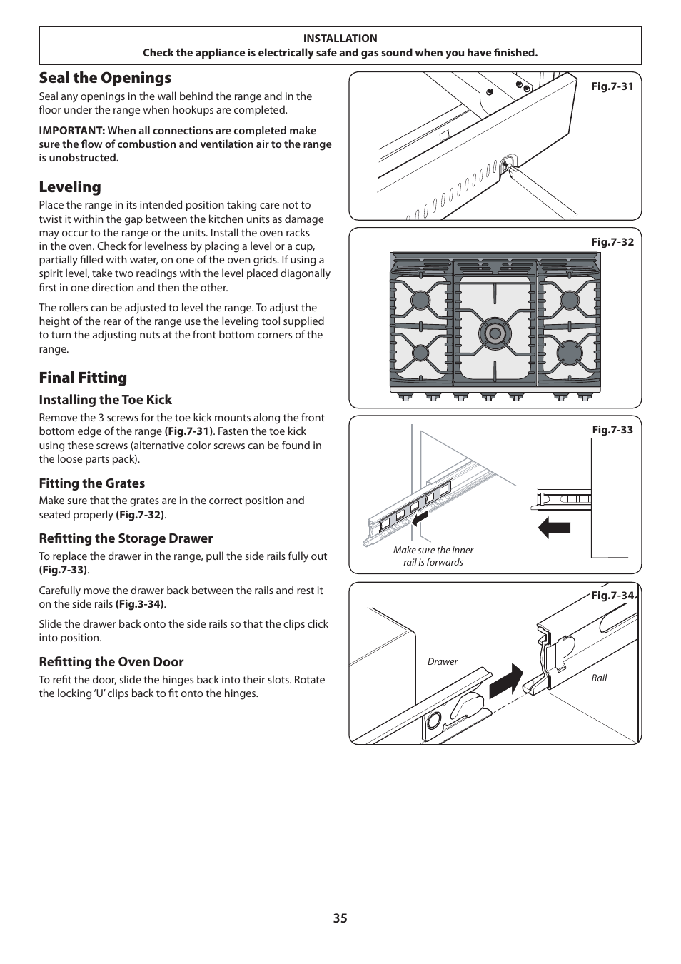 Seal the openings, Leveling, Final fitting | Aga Ranges DUAL FUEL U110054 - 03A User Manual | Page 37 / 48