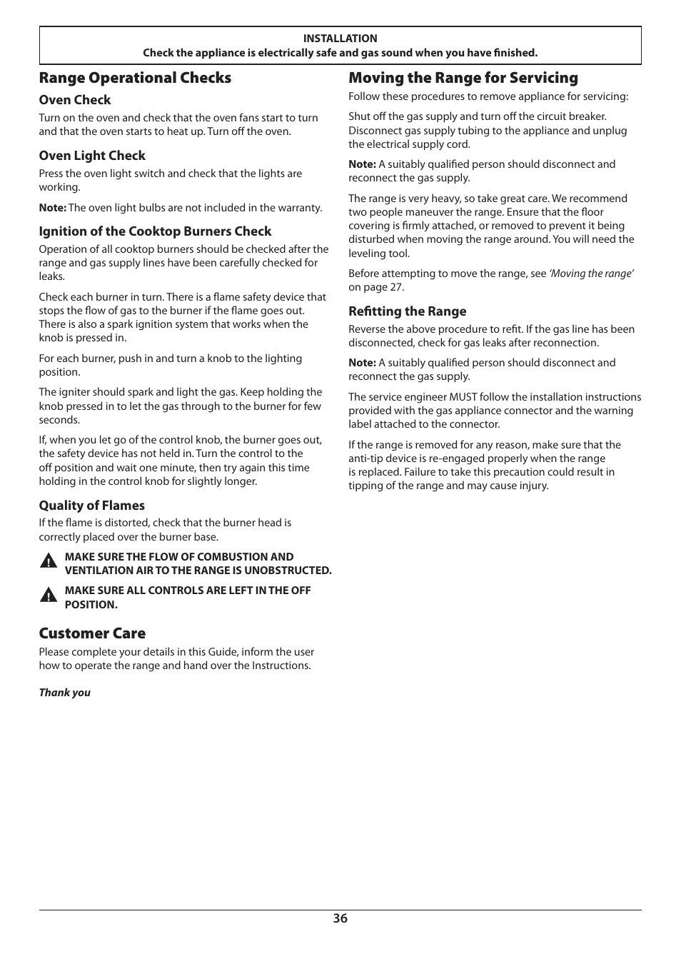 Moving the range for servicing, Range operational checks, Customer care | Aga Ranges DUAL FUEL U110054 - 03A User Manual | Page 38 / 48