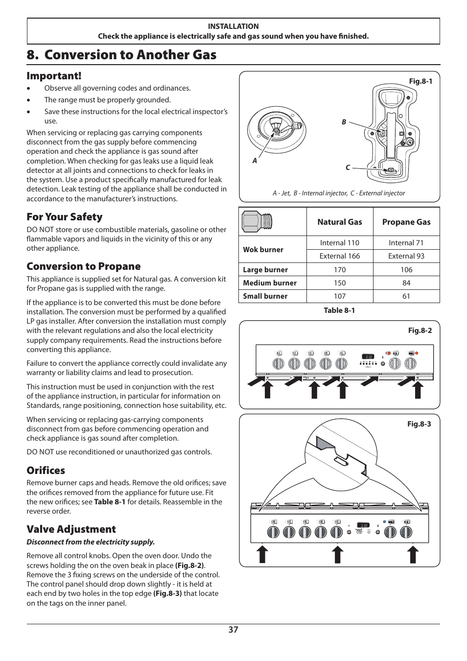 Conversion to another gas, Important, For your safety | Conversion to propane, Orifices, Valve adjustment | Aga Ranges DUAL FUEL U110054 - 03A User Manual | Page 39 / 48