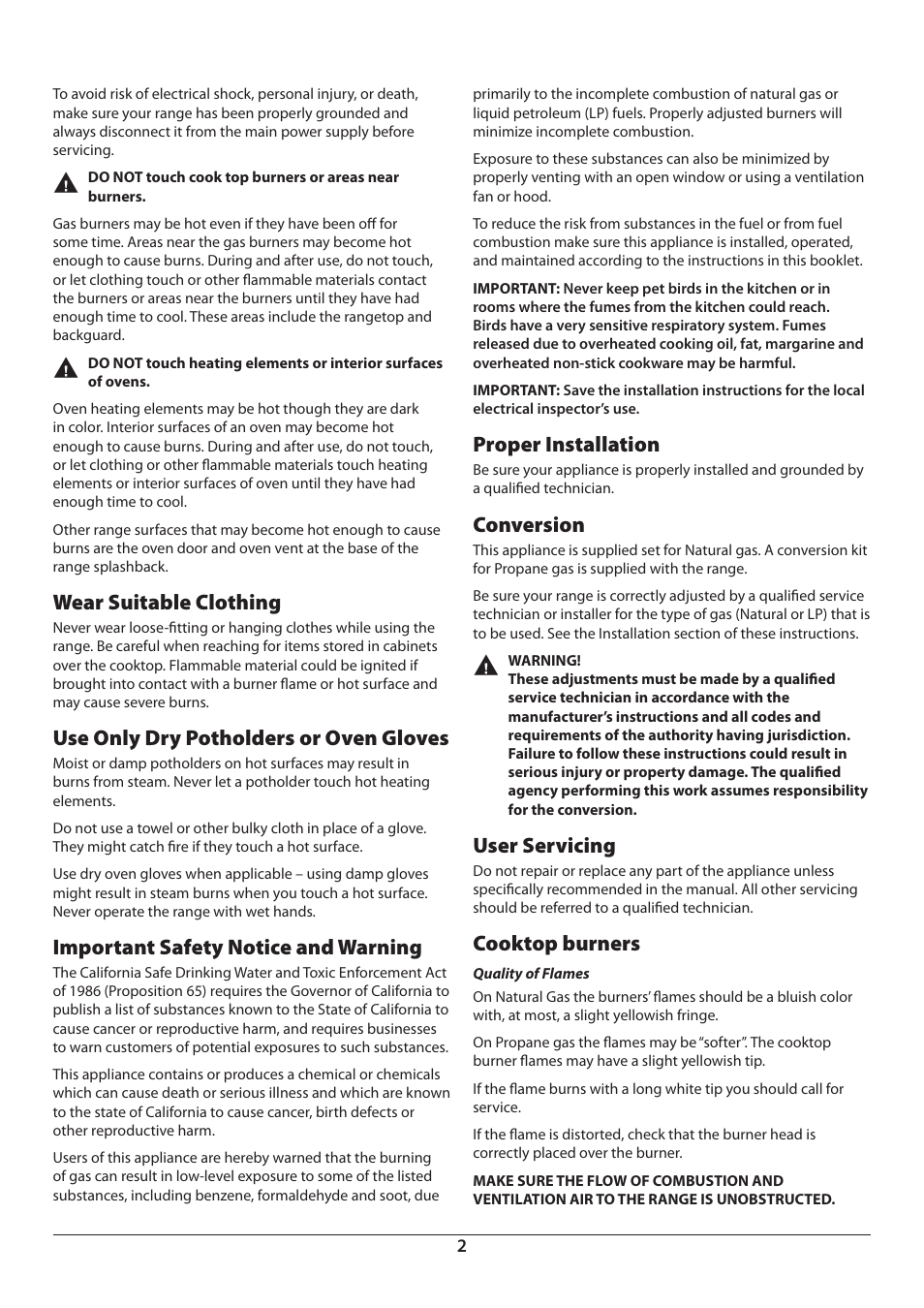 Wear suitable clothing, Use only dry potholders or oven gloves, Important safety notice and warning | Proper installation, Conversion, User servicing, Cooktop burners | Aga Ranges DUAL FUEL U110054 - 03A User Manual | Page 4 / 48