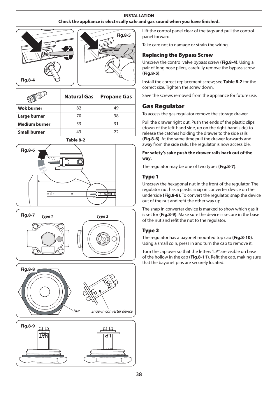 Gas regulator, Natural gas propane gas, Replacing the bypass screw | Type 1, Type 2 | Aga Ranges DUAL FUEL U110054 - 03A User Manual | Page 40 / 48