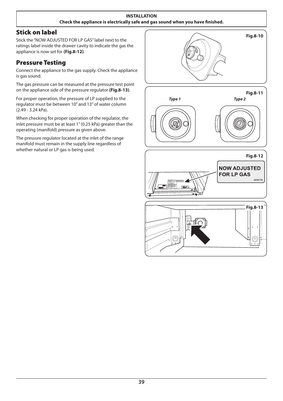 Stick on label, Pressure testing | Aga Ranges DUAL FUEL U110054 - 03A User Manual | Page 41 / 48