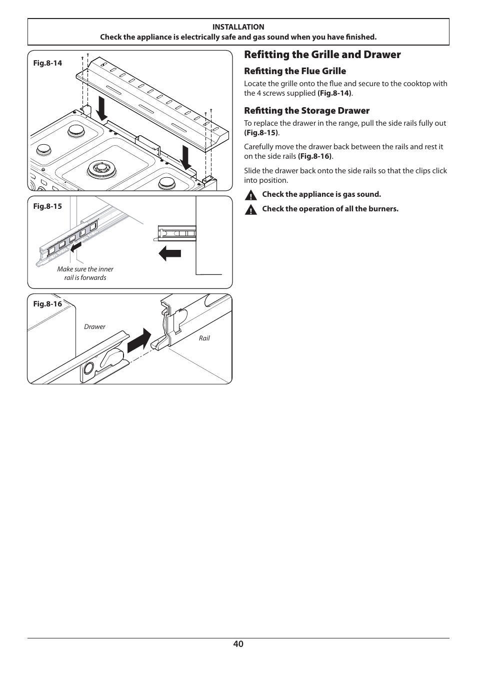 Refitting the grille and drawer | Aga Ranges DUAL FUEL U110054 - 03A User Manual | Page 42 / 48