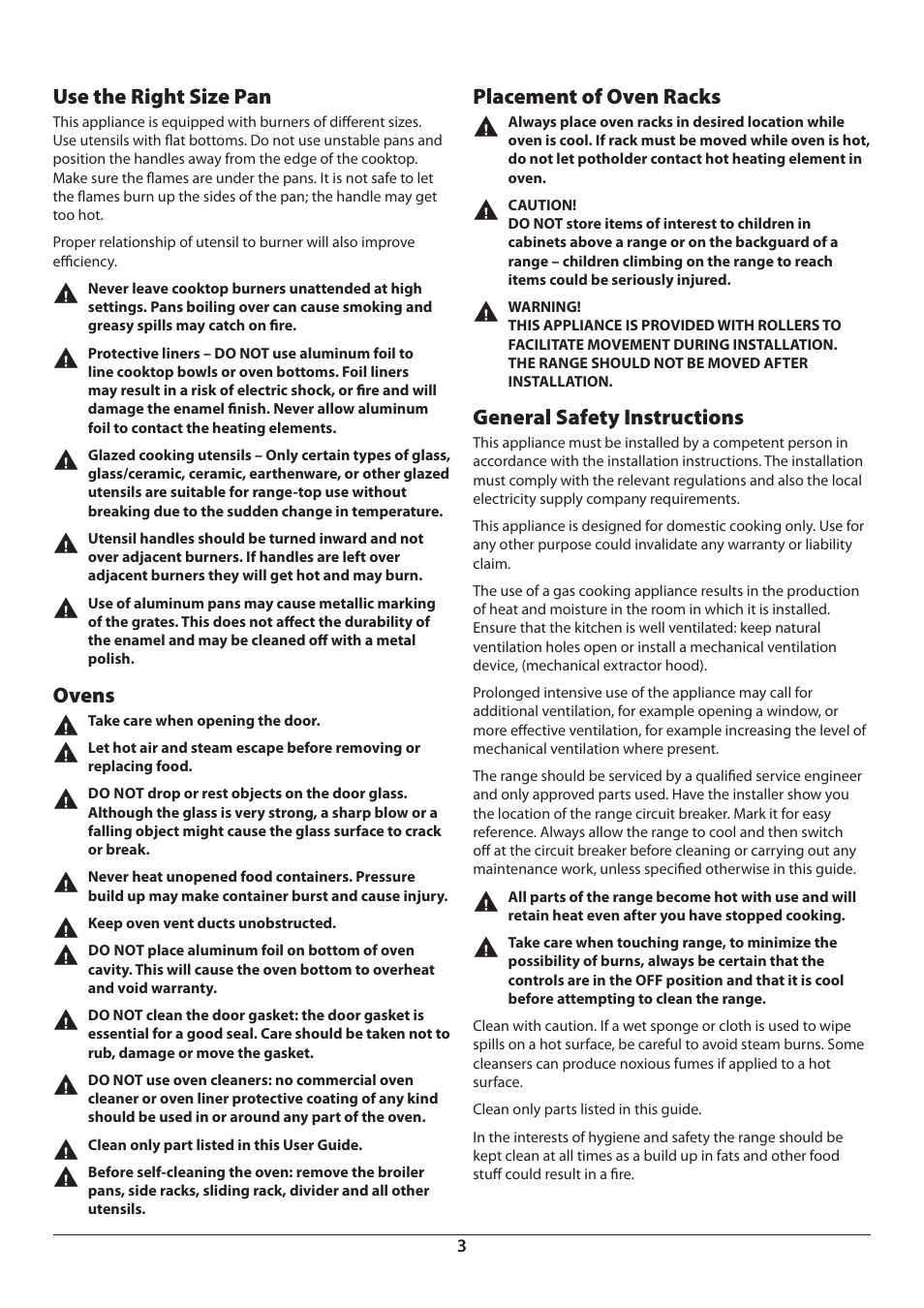 Use the right size pan, Ovens, Placement of oven racks | General safety instructions | Aga Ranges DUAL FUEL U110054 - 03A User Manual | Page 5 / 48