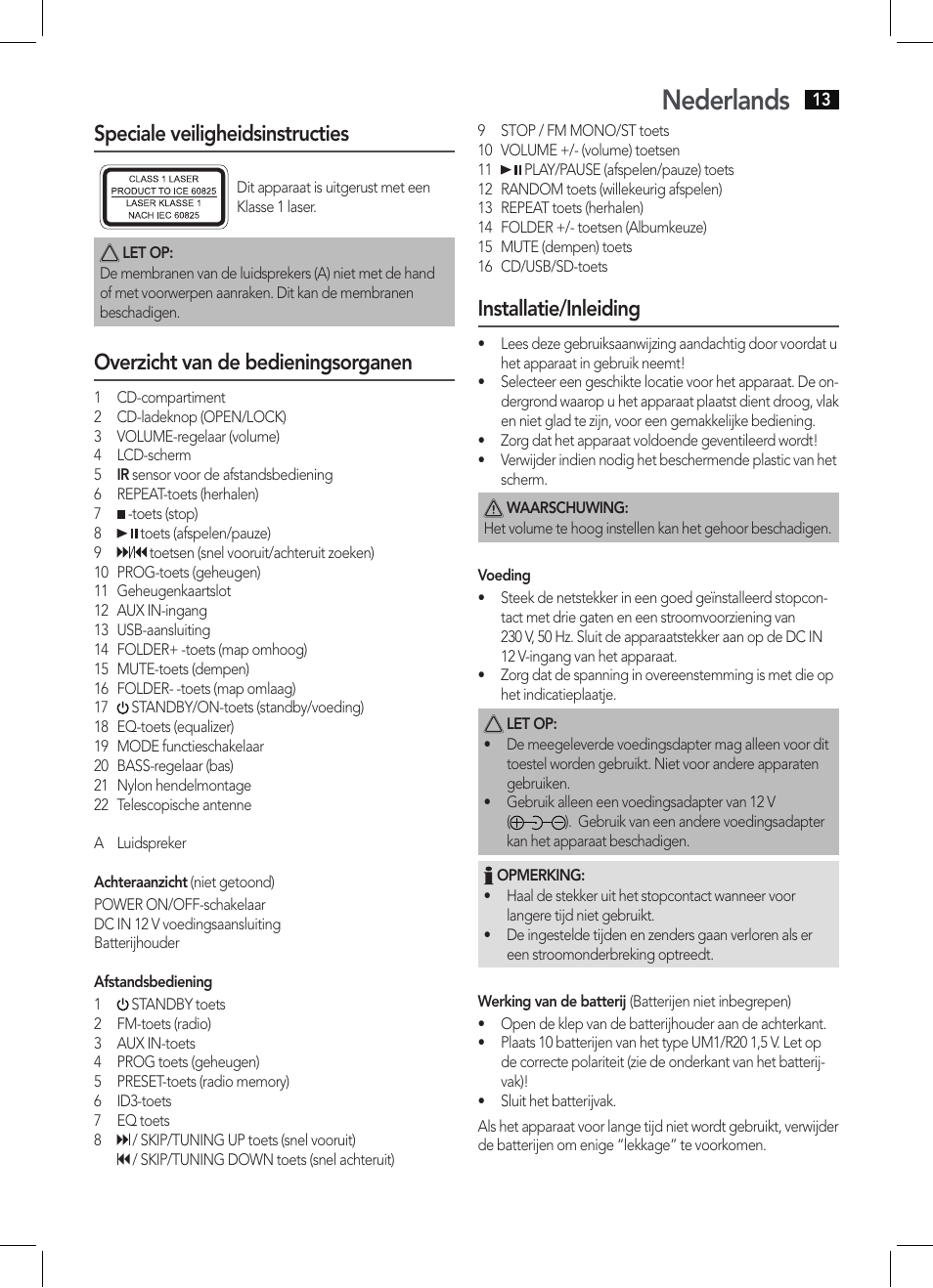 Nederlands, Speciale veiligheidsinstructies, Overzicht van de bedieningsorganen | Installatie/inleiding | AEG SRP 4342 CD-MP3 User Manual | Page 13 / 78