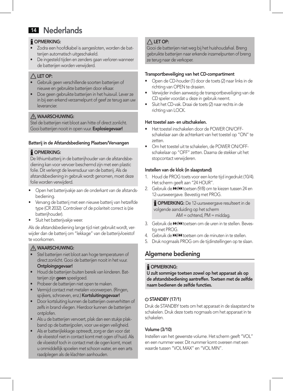 Nederlands, Algemene bediening | AEG SRP 4342 CD-MP3 User Manual | Page 14 / 78