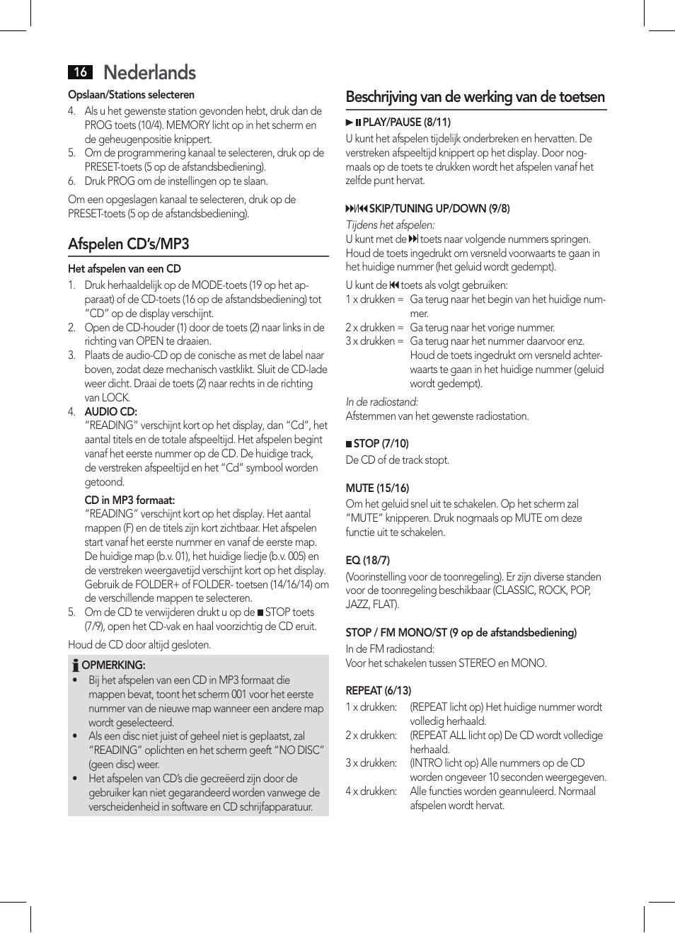 Nederlands, Afspelen cd’s/mp3, Beschrijving van de werking van de toetsen | AEG SRP 4342 CD-MP3 User Manual | Page 16 / 78