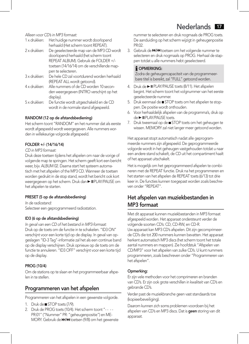 Nederlands, Programmeren van het afspelen, Het afspelen van muziekbestanden in mp3 formaat | AEG SRP 4342 CD-MP3 User Manual | Page 17 / 78