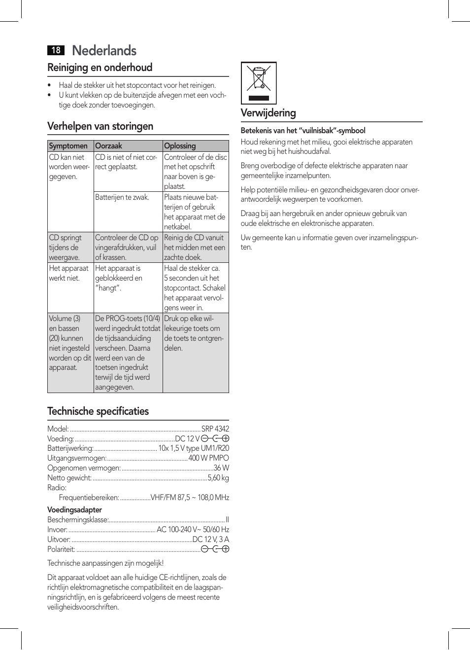 Nederlands, Reiniging en onderhoud, Verhelpen van storingen | Technische specificaties, Verwijdering | AEG SRP 4342 CD-MP3 User Manual | Page 18 / 78