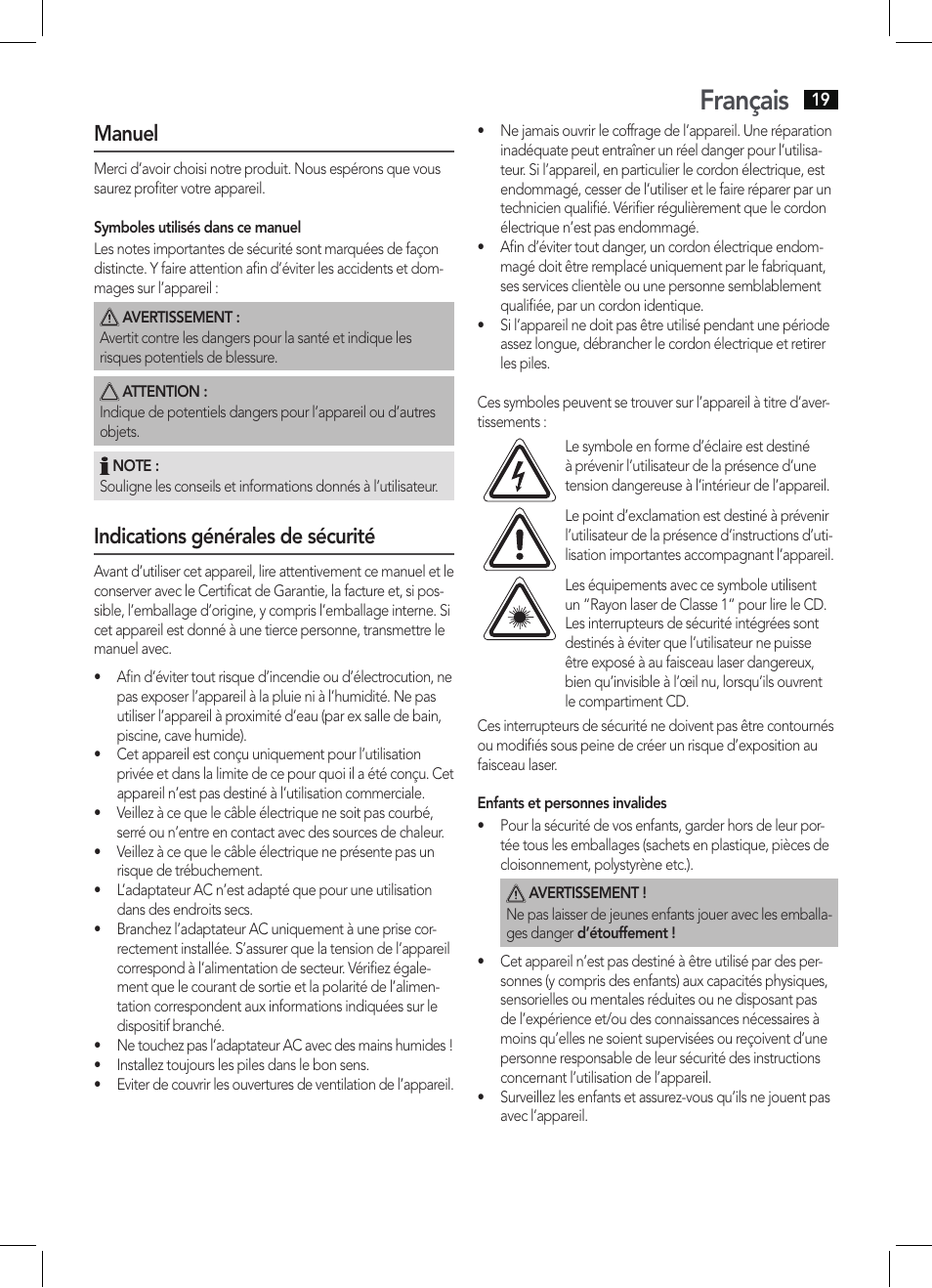 Français, Manuel, Indications générales de sécurité | AEG SRP 4342 CD-MP3 User Manual | Page 19 / 78