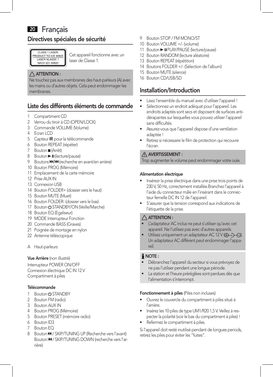 Français, Directives spéciales de sécurité, Liste des différents éléments de commande | Installation/introduction | AEG SRP 4342 CD-MP3 User Manual | Page 20 / 78