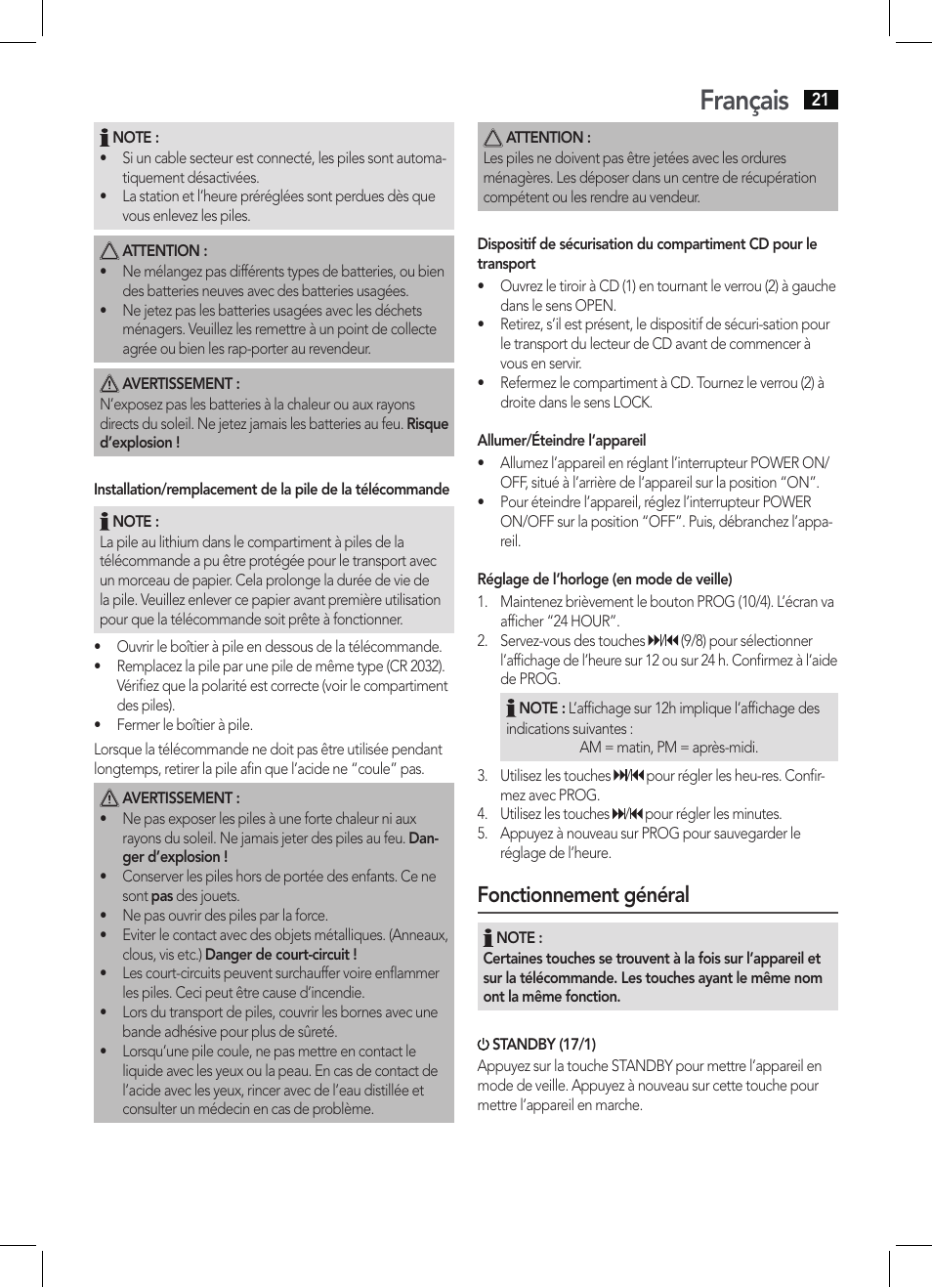 Français, Fonctionnement général | AEG SRP 4342 CD-MP3 User Manual | Page 21 / 78