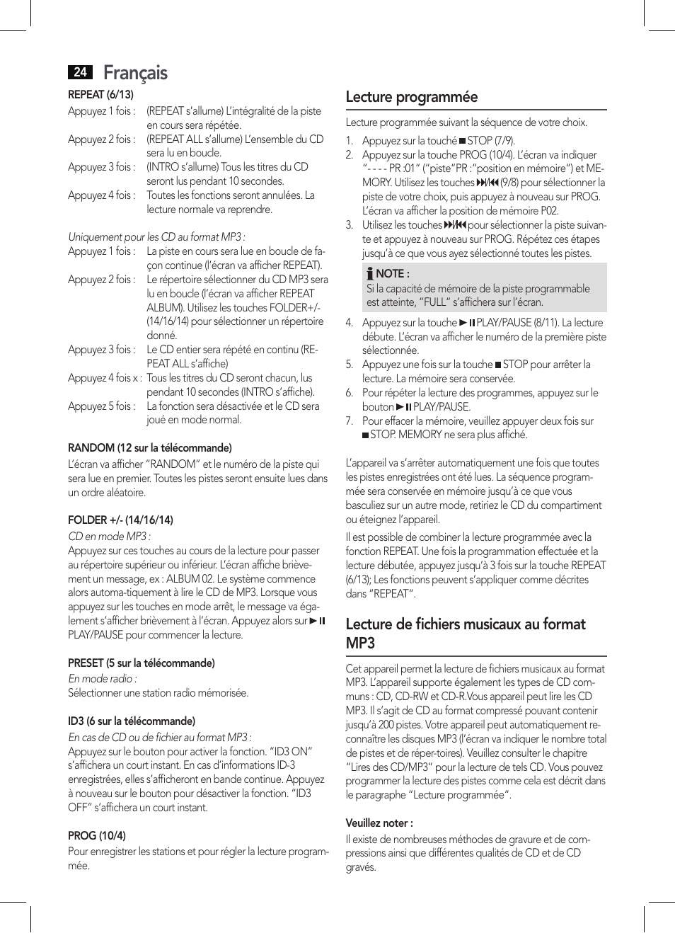 Français, Lecture programmée, Lecture de fichiers musicaux au format mp3 | AEG SRP 4342 CD-MP3 User Manual | Page 24 / 78