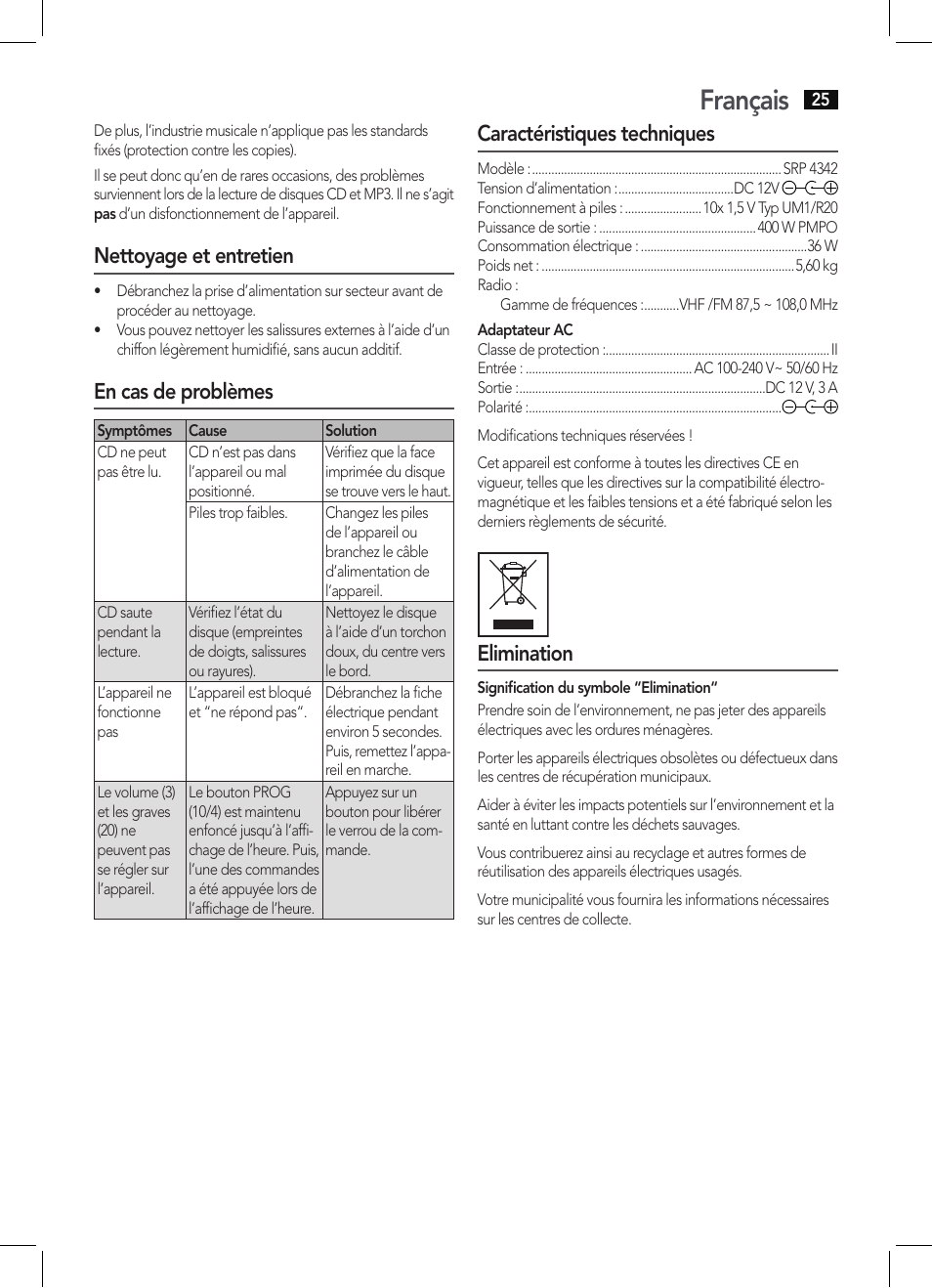 Français, Nettoyage et entretien, En cas de problèmes | Caractéristiques techniques, Elimination | AEG SRP 4342 CD-MP3 User Manual | Page 25 / 78