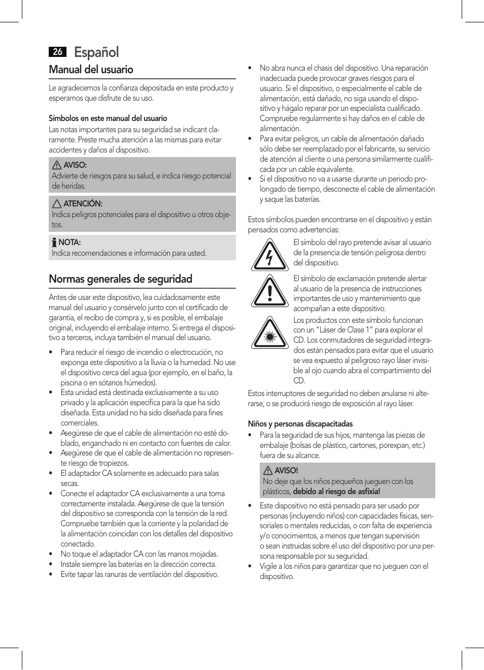 Español, Manual del usuario, Normas generales de seguridad | AEG SRP 4342 CD-MP3 User Manual | Page 26 / 78