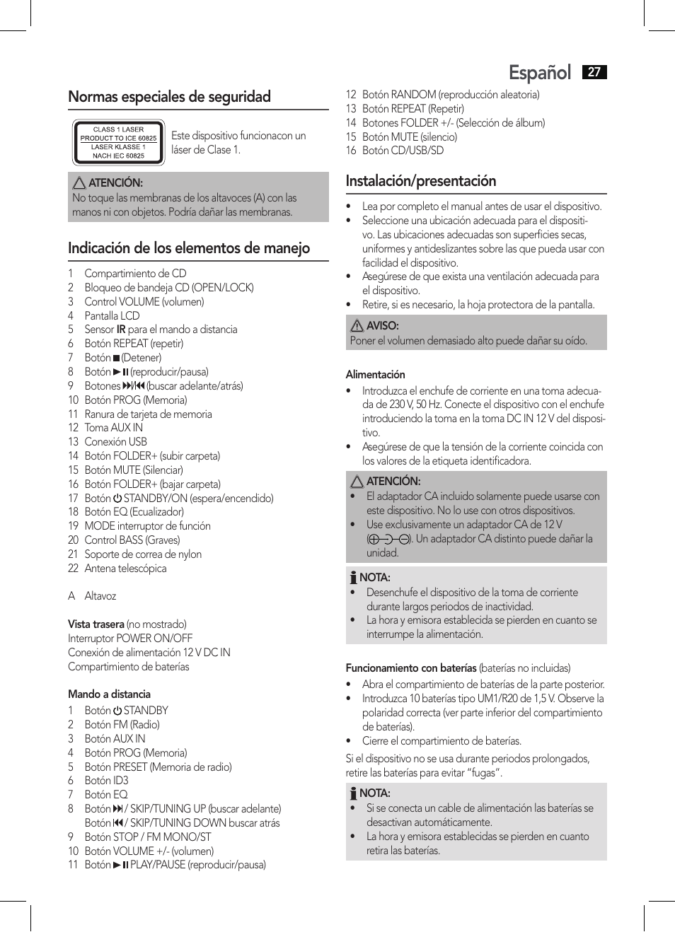 Español, Normas especiales de seguridad, Indicación de los elementos de manejo | Instalación/presentación | AEG SRP 4342 CD-MP3 User Manual | Page 27 / 78