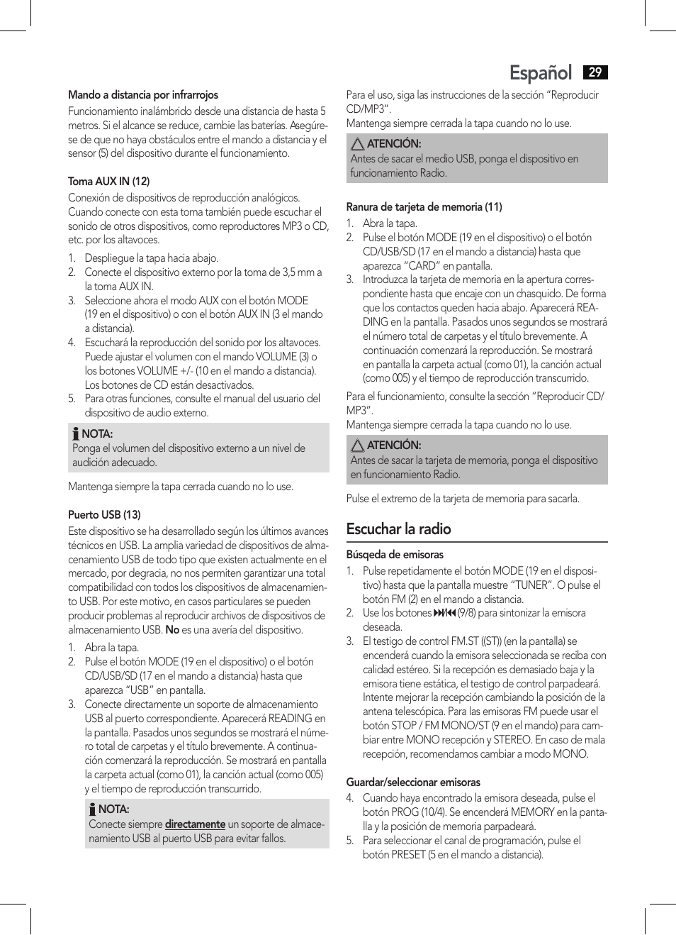 Español, Escuchar la radio | AEG SRP 4342 CD-MP3 User Manual | Page 29 / 78