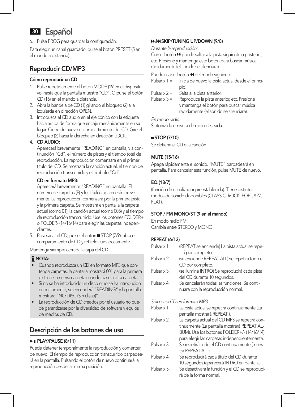 Español, Reproducir cd/mp3, Descripción de los botones de uso | AEG SRP 4342 CD-MP3 User Manual | Page 30 / 78