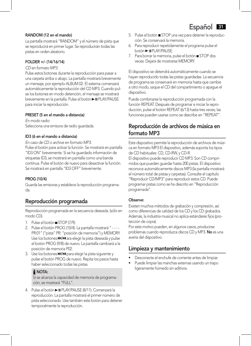 Español, Reproducción programada, Reproducción de archivos de música en formato mp3 | Limpieza y mantenimiento | AEG SRP 4342 CD-MP3 User Manual | Page 31 / 78