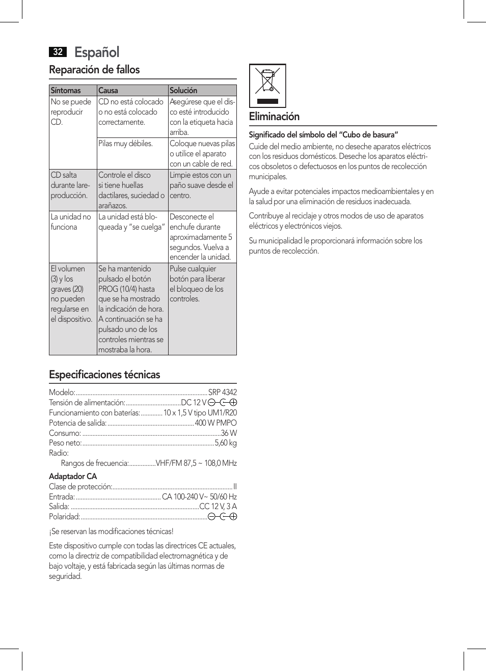 Español, Reparación de fallos, Especificaciones técnicas | Eliminación | AEG SRP 4342 CD-MP3 User Manual | Page 32 / 78